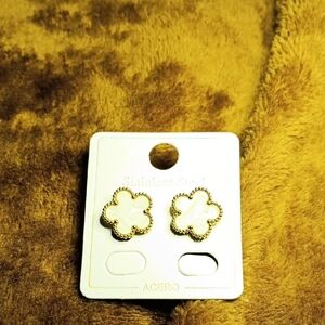 Gold and White Flower Earrings
